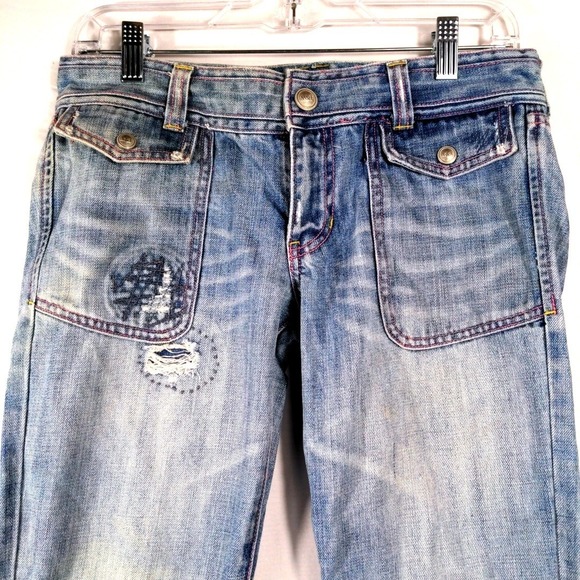 Abercrombie & Fitch Women 2 Flare Jean Cotton Blue Distressed Patch Y2K Boho Vtg - Picture 4 of 8